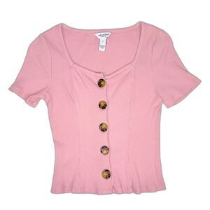 Arizona Womens Medium Ribbed Tee Pink Short Sleeve Faux Cardigan Button Detail
